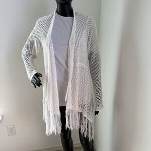 Denim24/7 Open Stitch Fringe Cardigan Sweater White Medium M 14/16 Boho Knit
